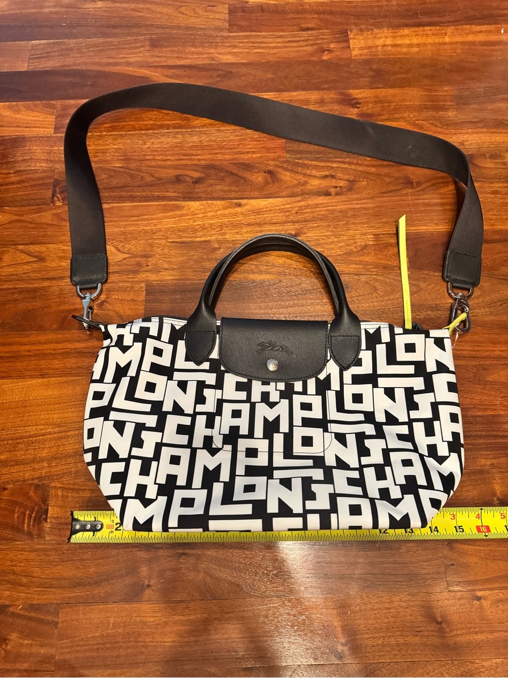 LONGCHAMP Le Pliage Nylon Black & White Graphic Logo Tote with Shoulder Strap - Picture 4 of 11